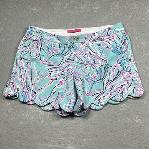 Lilly Pulitzer Shorts Buttercup Knit Womens 8 Blue Stretched Pockets Scalloped
